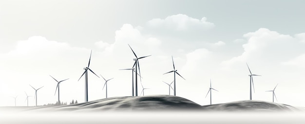 Um conjunto de turbinas eólicas é retratado em um fundo branco