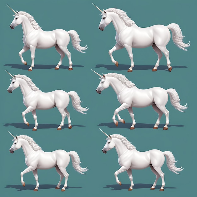 Um conjunto de unicórnios de cavalos brancos.