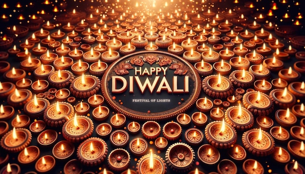 Um conjunto hipnotizante de dias de barro iluminados de design intrincado com o Feliz Diwali brilhando no centro
