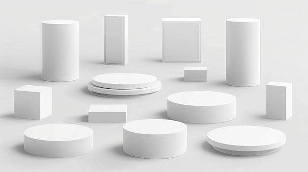 Foto um conjunto moderno e realista de pedestais brancos para a exibição de produtos em uma vitrine, objeto de exposição, pódios em branco para a apresentação de ideias