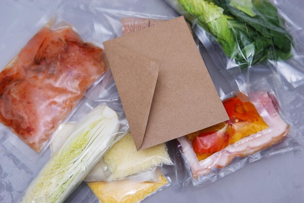 Foto um conjunto para entregar comida para o jantar em um fundo cinza eu cozinho em casa