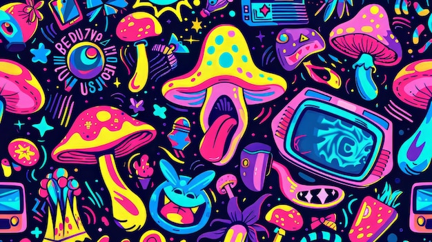 Foto um conjunto retro ácido psicodélico de adesivos uma ilustração de desenho animado moderno de cogumelos flores um ovni uma boca uma tv e um gameboy no estilo de y2k