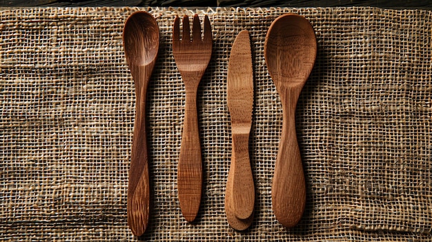 Um conjunto rústico de talheres de madeira, incluindo uma faca de garfo e uma colher, colocados em uma toalha de mesa de burlap grosseira