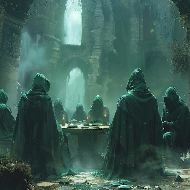 Foto um conselho de bruxas e feiticeiros formando uma trégua desconfortável com a máfia para proteger