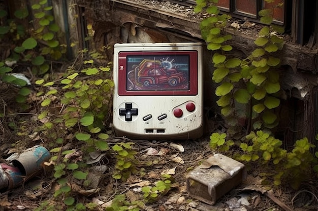 Foto um console de videogame está na floresta e tem um carro vermelho nele.