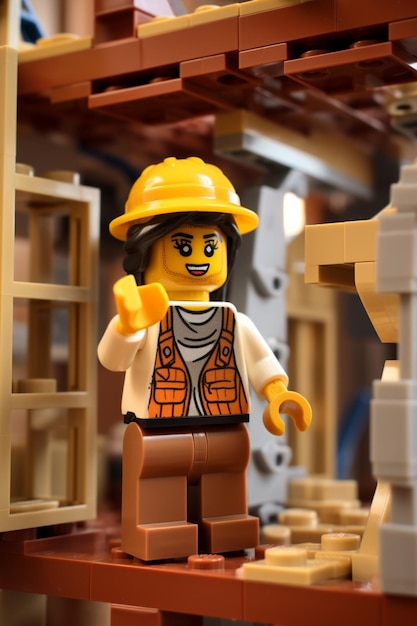 Um construtor de figuras de lego com um chapéu amarelo