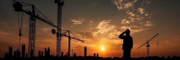 Um construtor em um céu ao pôr do sol Um banner de canteiro de obras gerado por IA