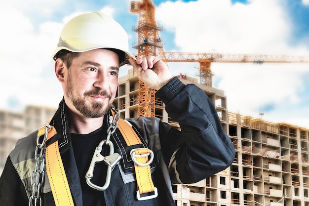 Um construtor masculino em um capacete branco contra um fundo desfocado de um canteiro de obras com um céu azul Engenheiro civil positivo com barba