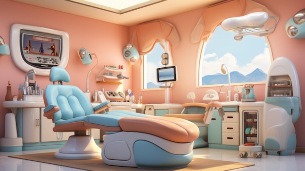Um consultório de dentista com um tema rosa e azul