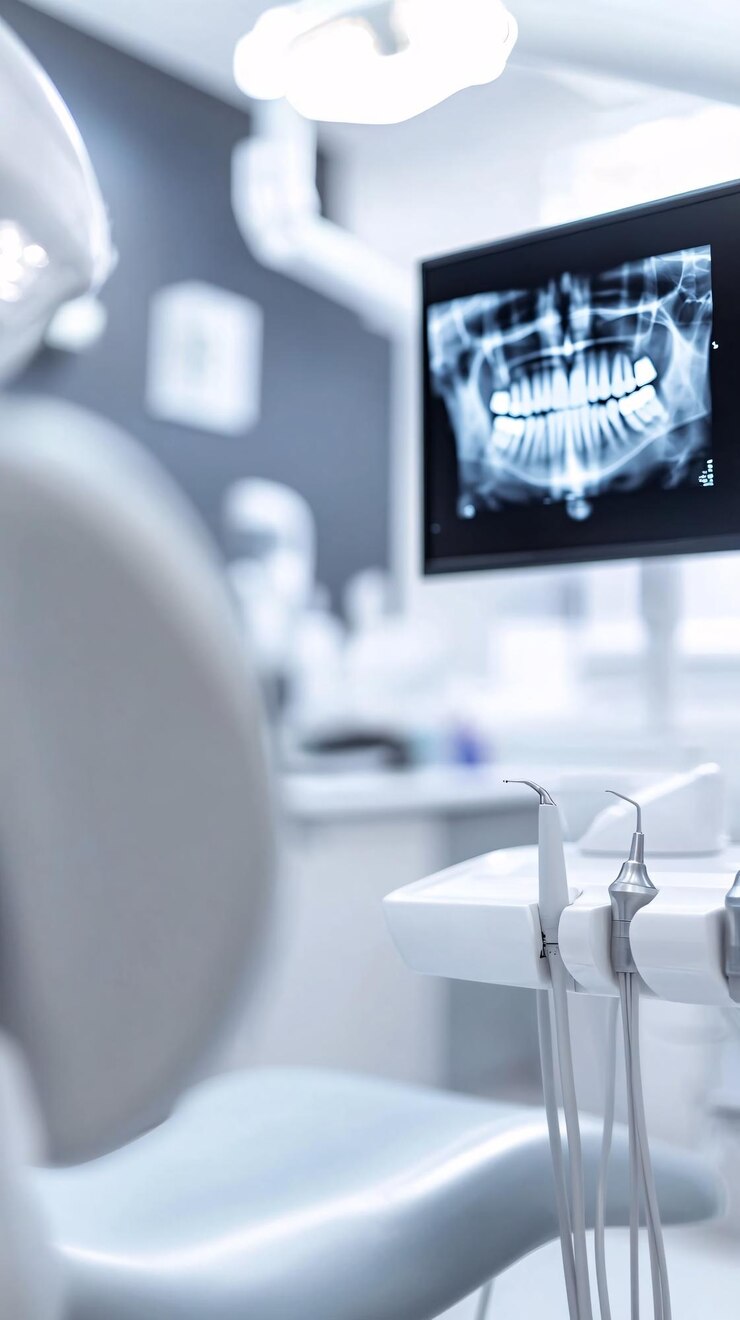 Um consultório dentário com uma cadeira e uma máquina de raios-x dentários