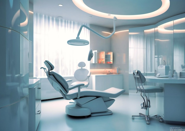 Um consultório odontológico moderno com móveis e acessórios brancos