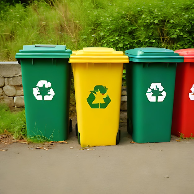 um contentor de reciclagem verde e amarelo com um logotipo de reciclar