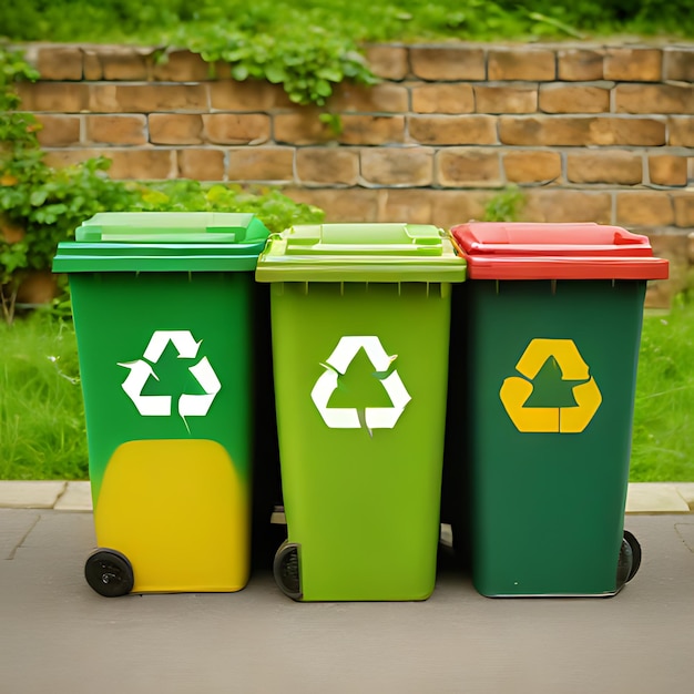 Foto um contentor de reciclagem verde e amarelo com um logotipo de reciclar