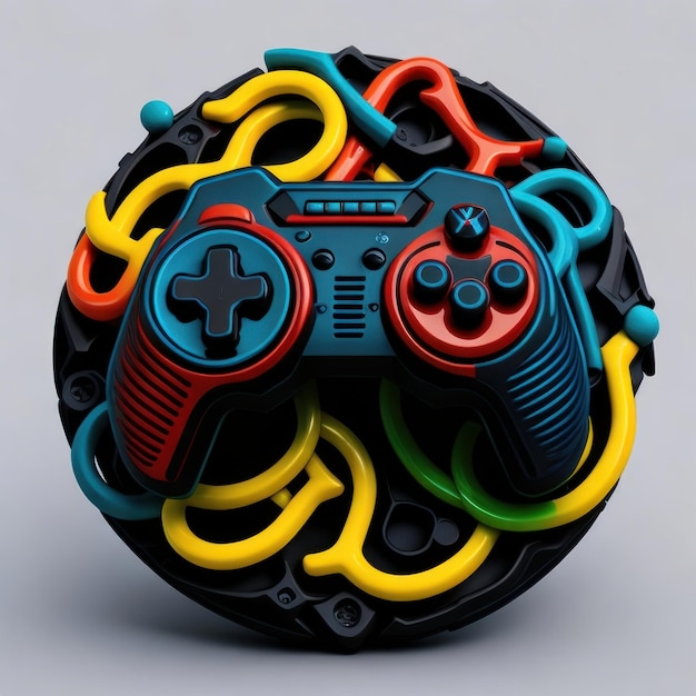 Foto um controlador de jogo colorido cercado por muitos outros fios coloridos.