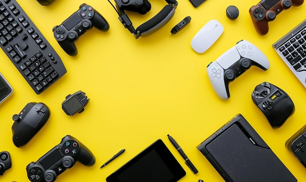 Foto um controlador de jogo e um controlador estão em uma mesa amarela