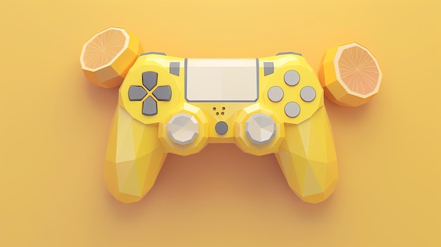 Um controlador de videogame amarelo é colocado no centro da imagem. O controlador é cercado por duas metades de uma laranja cortada.