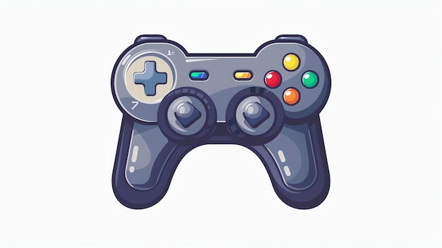 Foto um controlador de videogame preto com fundo branco o controlador tem quatro botões coloridos um pad direcional e dois bastões analógicos
