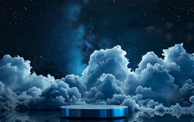 Um convidativo pódio azul claro fica sob um céu calmo cercado por nuvens macias e fofas, oferecendo uma plataforma de sonho para exibir produtos