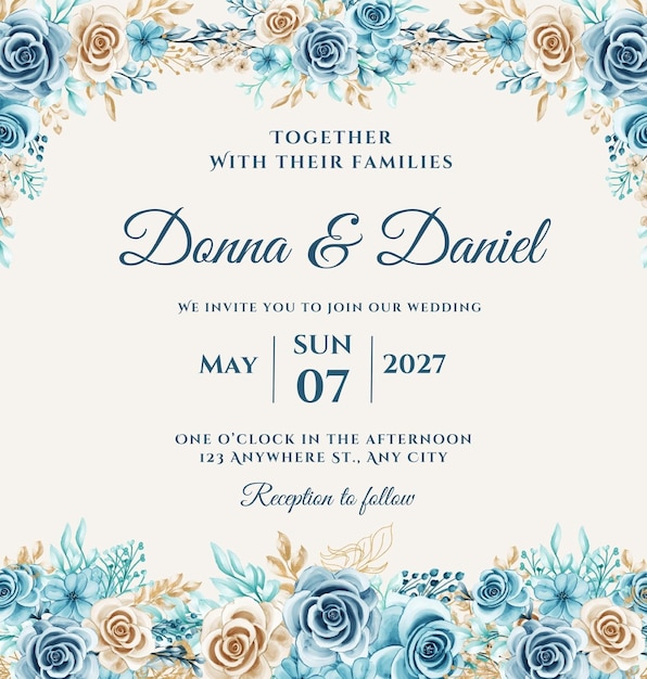 um convite azul e branco para um casamento com flores e texto