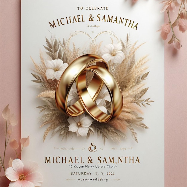 um convite de casamento para um casal e um casamento com flores e um anel de ouro