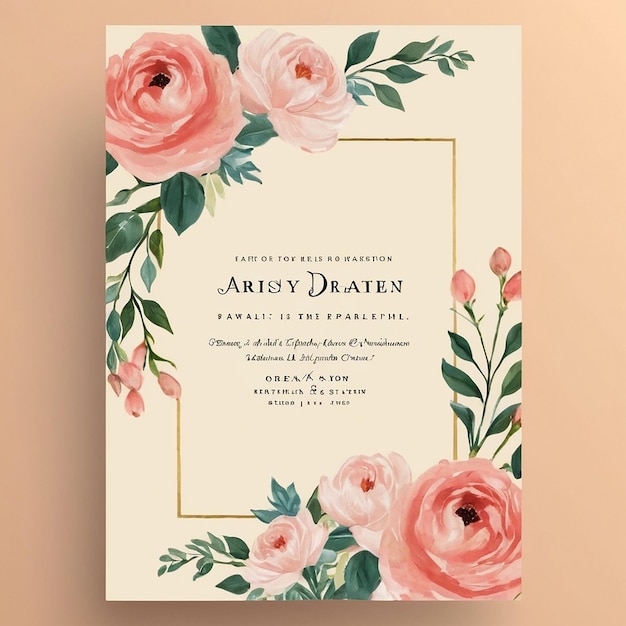 Um convite para um casamento com rosas cor-de-rosa.