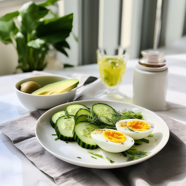 um copo branco com uma salada keto ovo cozido cortado em meio abacate a frescura de pepino e azeitona