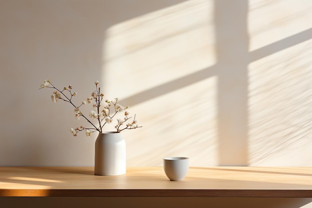 Um copo branco e um vaso de cerâmica com galhos florescentes em uma mesa de madeira