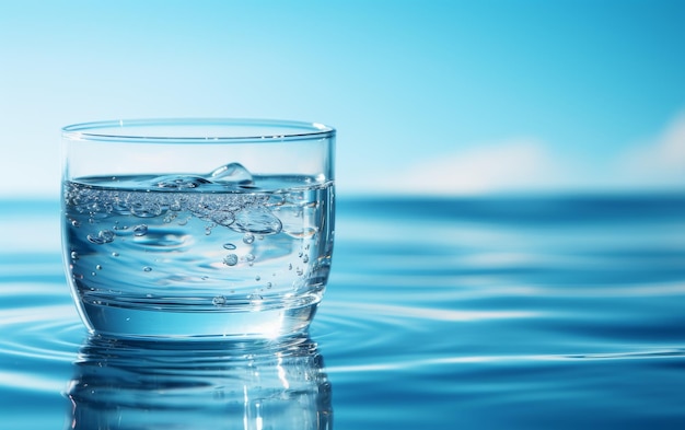 Um copo cheio de água fica em cima de uma mesa refletindo a luz ambiente