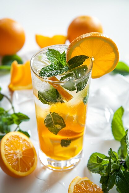 um copo cheio de chá gelado adornado com fatias de limão fresco e folhas de hortelã com um cítrico