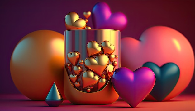 Um copo colorido com corações e uma taça dourada com fundo vermelho.