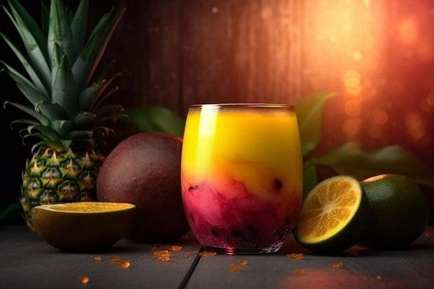 Um copo colorido de suco de manga com fundo de madeira.