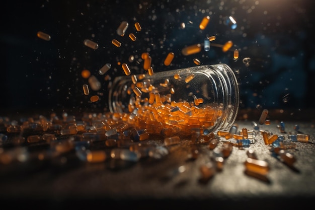 Um copo com comprimidos de laranja derramado sobre uma mesa