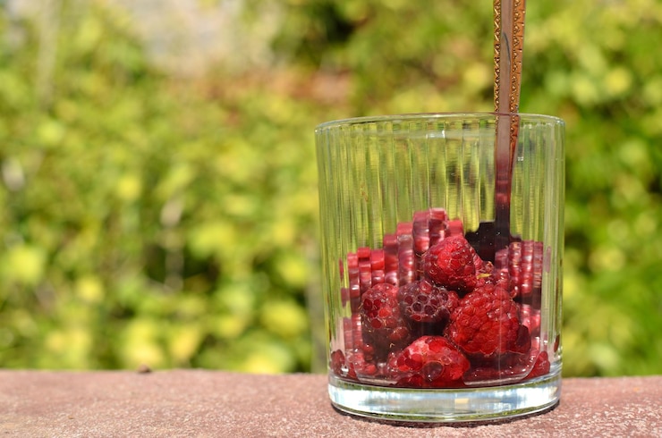 Foto um copo com framboesas frescas tiradas num jardim