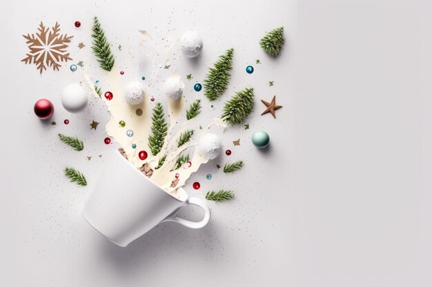 Um copo com leite visto de cima derramado com motivos natalinos gerados por Ai