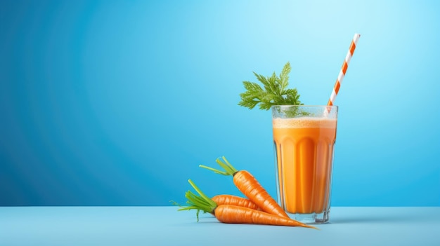Um copo com suco de cenoura e um canudo sobre um fundo azul O conceito de um estilo de vida saudável