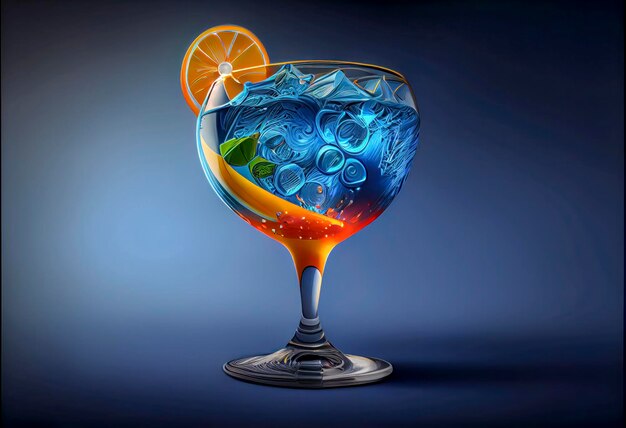 Um copo com um líquido azul e uma fatia de laranja.