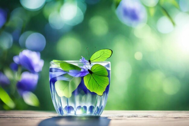 Um copo com uma flor e uma flor azul.