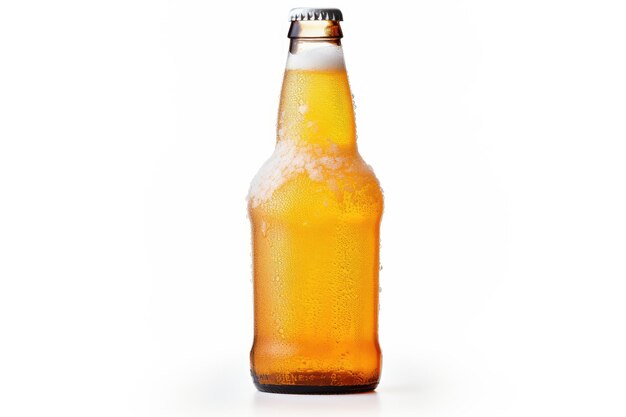 Um copo contendo uma refrescante cerveja gelada adornada com cristais de gelo gelado contra uma planície