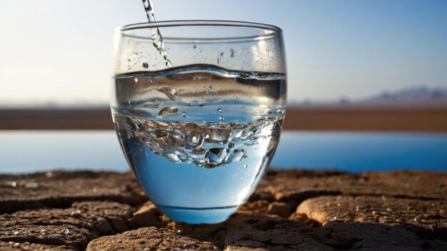 Foto um copo de água com condensação em uma superfície de deserto rachada tema de hidratação