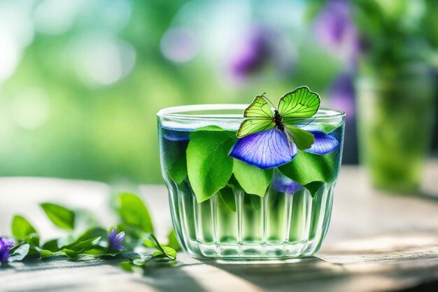 um copo de água com flores e folhas