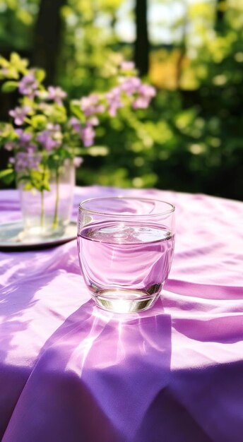 Um copo de água com lavanda e cobertura roxa na mesa com vista para o quintal