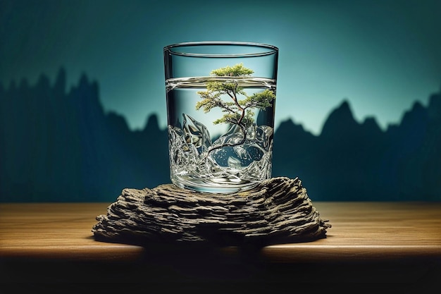 Um copo de água com uma árvore bonsai.