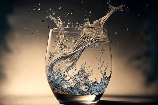 Um copo de água está cheio de água e a palavra água está no fundo