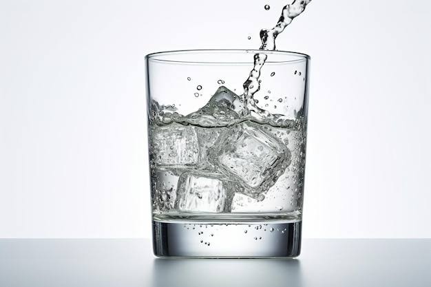 Um copo de água está cheio de gelo e um copo de água.