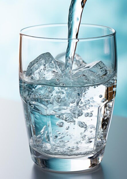 Um copo de água está sendo derramado nela. A água é clara e fria.