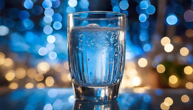 Um copo de água na mesa uma bebida mineral refrescante tons azuis bokeh desfocado