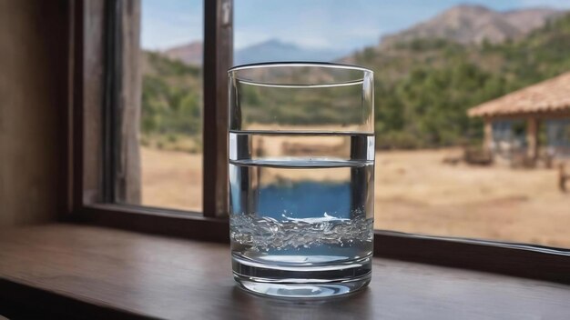 Foto um copo de água numa janela.