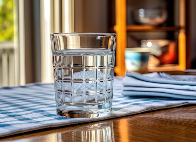 Um copo de água pura na mesa da cozinha criado com tecnologia de IA generativa