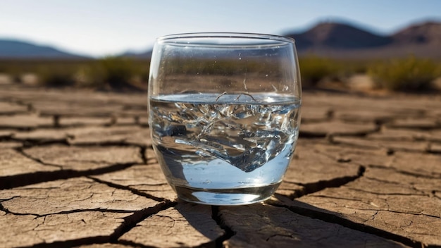 Foto um copo de água segurado contra terra cozida pelo sol que mostra temas ambientais