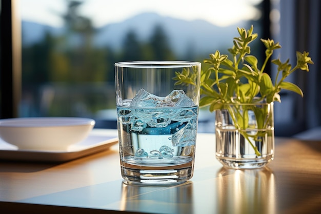 Um copo de água servido na mesa